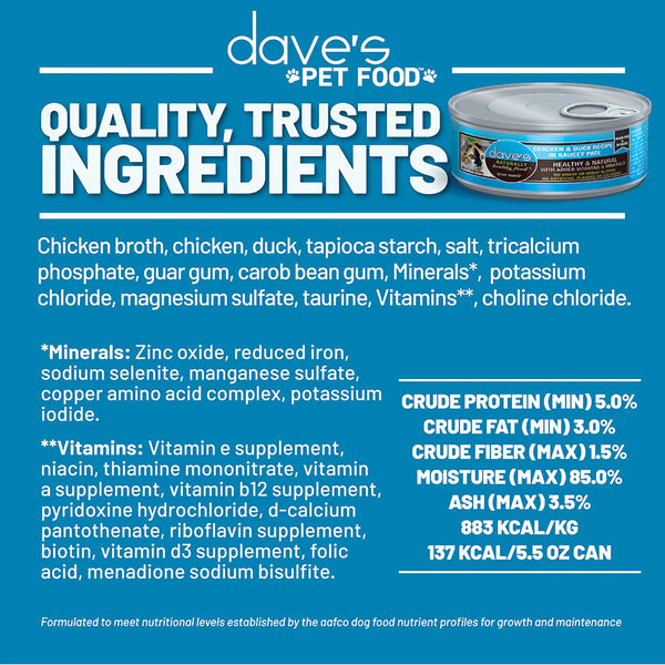 Dave's Pet Food Chicken & Duck Recipe in Saucey Pate Canned Cat Food