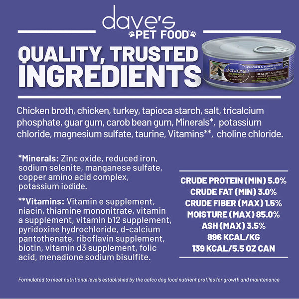 Dave's Pet Food Chicken & Turkey in Saucey Pate Recipe Canned Cat Food