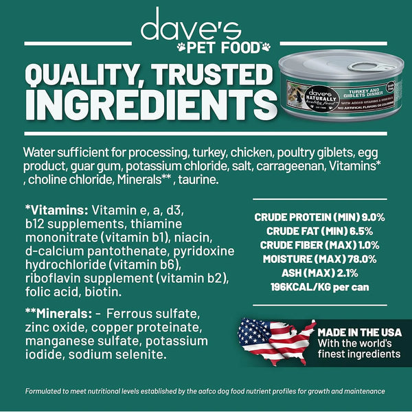 Dave's Pet Food Naturally Healthy Grain Free Turkey and Giblets Canned Cat Food
